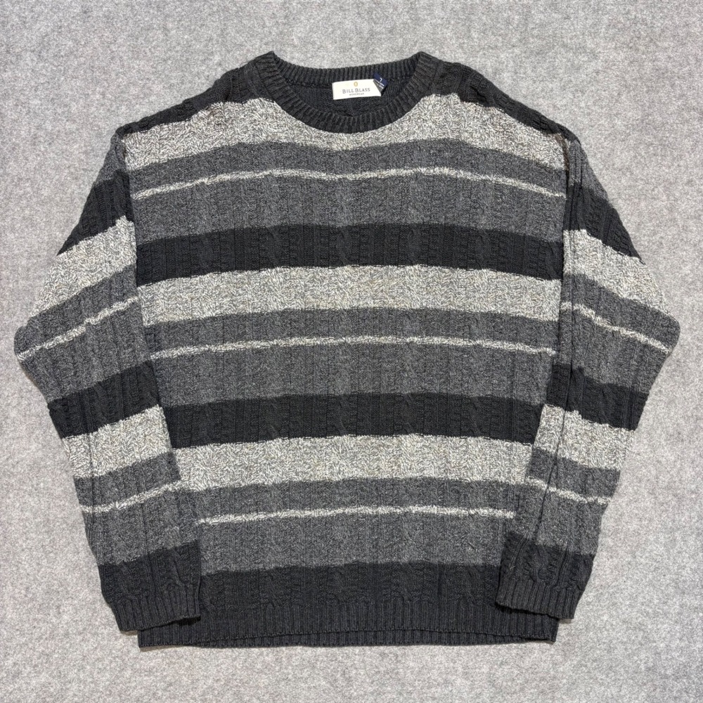 Bill Blass Menswear Striped Cable Knit Crewneck Sweater Grey Charcoal USA Made L